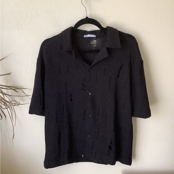 Zara Men's Shirt Distressed Knit Button Down Black Size M Resortwear Top - Picture 2 of 5
